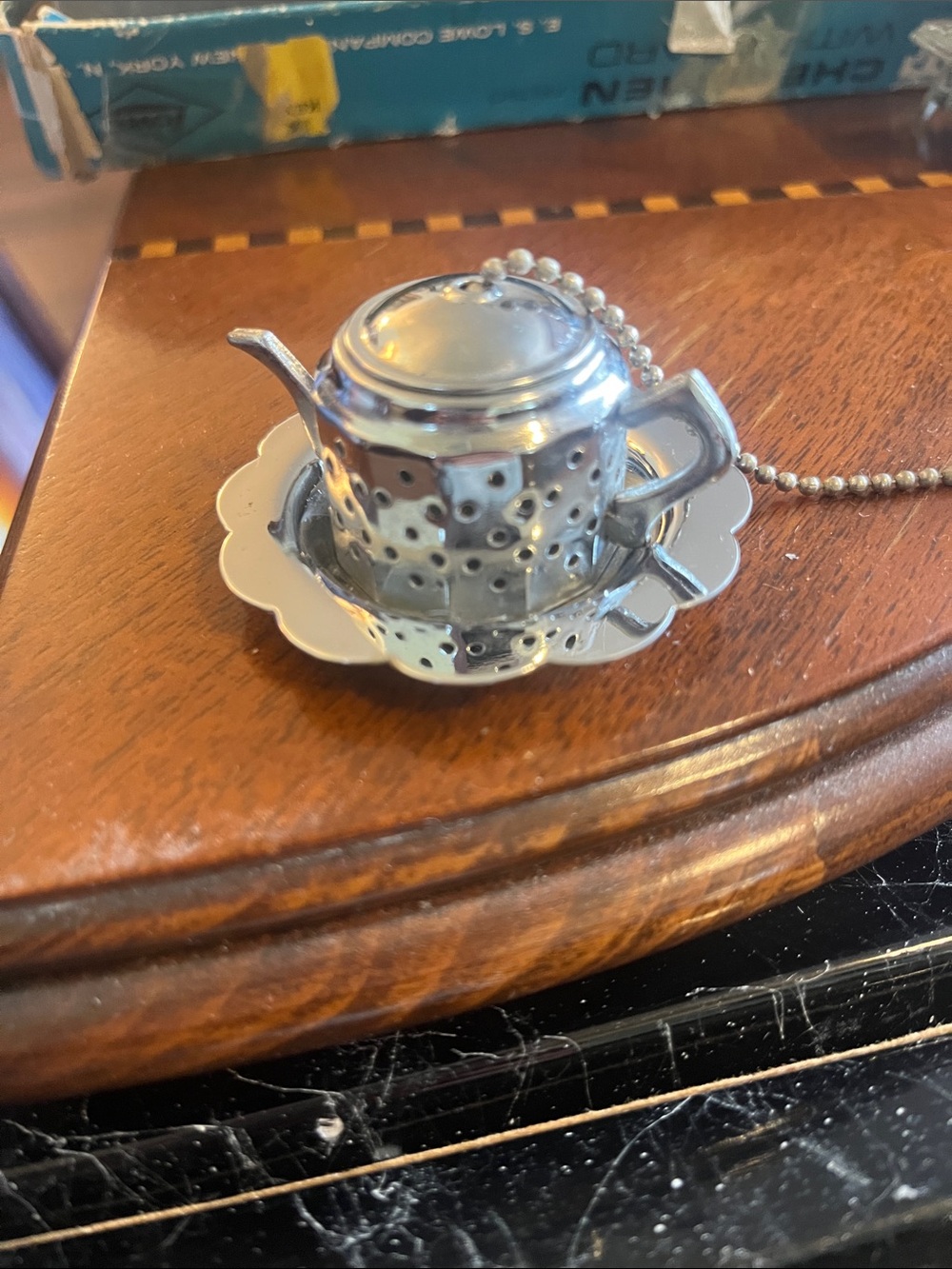 Vintage Silverplate mini Teapot Tea Infuser Strainer w Drip Tray Chain